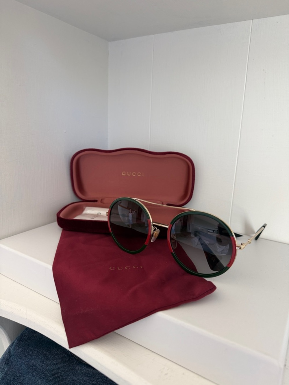 Gucci Round Metal Sunglasses with Green and Red Trim